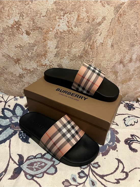 Burberry Other - Burberry Black Slides with Pink and Beige Nova Check Strap